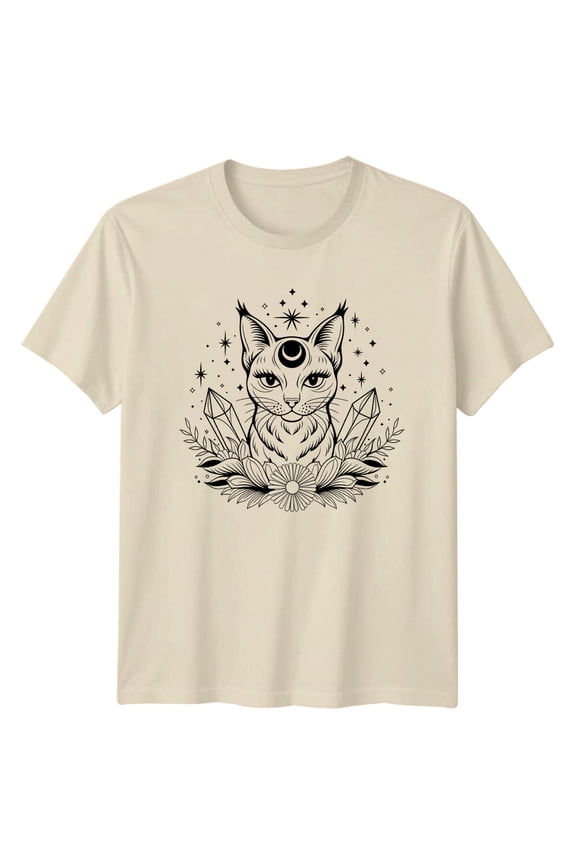 Mystical Cat Crescent Moon Crystal Celestial T-Shirt All Size S-5XL