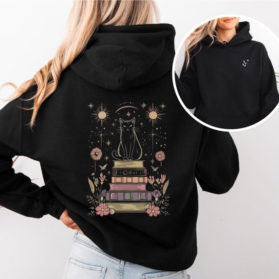 Mystical Cat Hoodie, Witchy Moon and Stars Hoodie, Celestial Cottagecore Book Lover Gift, Cozy Gothic Top