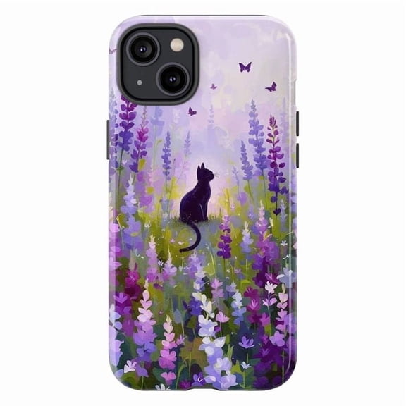 Mystical Cat in Lavender Garden Phone Case, Soft Pastel Purple Flowers & Butterflies Phone Cover, Fits iPhone 16 15 14 13 12 11 Pro Max Mini