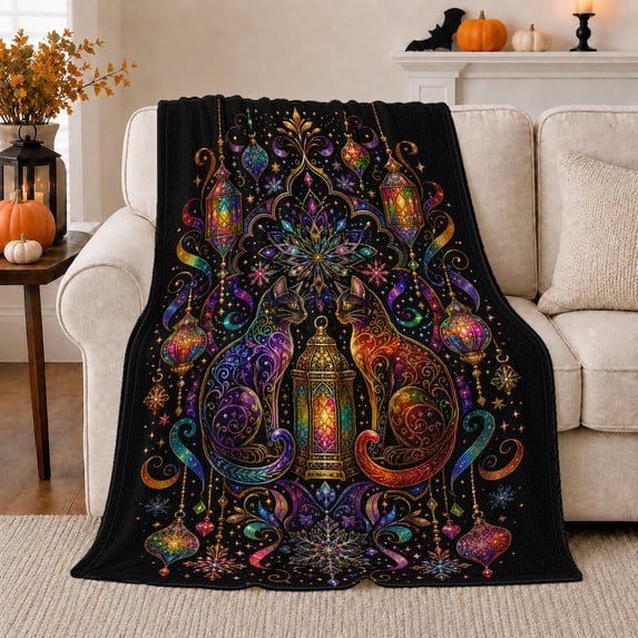 Mystical Cats and Hanging Jewel Lanterns Flannel Blanket, Colorful Bohemian Design for Adult Cat Lovers, Soft Housewarming Gift, Home Decor for Bedroom and Studio