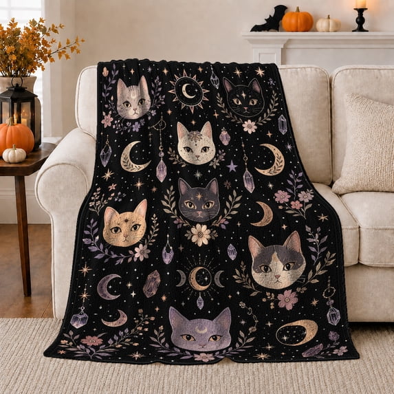 Mystical Celestial Cats Enchanted Witchy Design, Mystical Pet Portrait Pattern, Warm Flannel Blanket for Living Room and Bedroom, Cat Lovers Just Because Gift, Pet Lover Home Decor