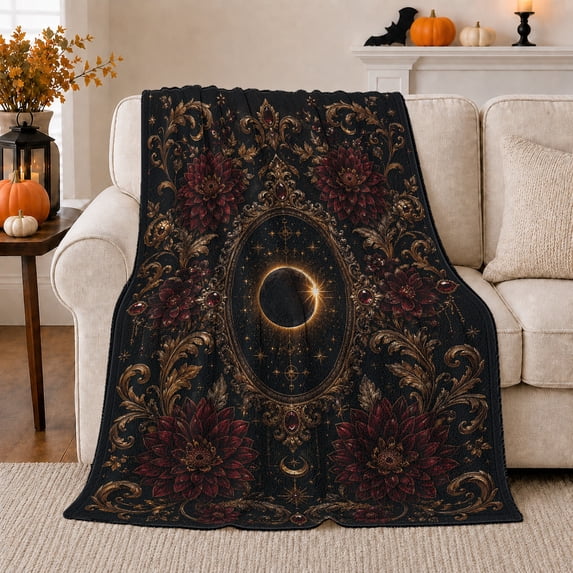 Mystical Celestial Eclipse Floral Embossed Star Chart, Mystical Celestial Art Scene, Warm Flannel Blanket for Sunroom and Reading Nook, Celestial Art Lovers Housewarming Gift, Fantasy Home Decor