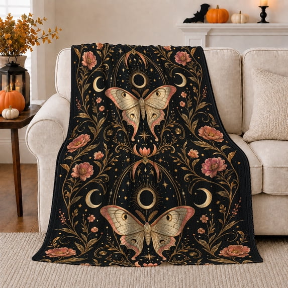 Mystical Celestial Moth, Mystical Celestial Art Scene, Warm Flannel Blanket for Sunroom and Reading Nook, Celestial Art Lovers Thanksgiving Gift, Celestial Home Decor