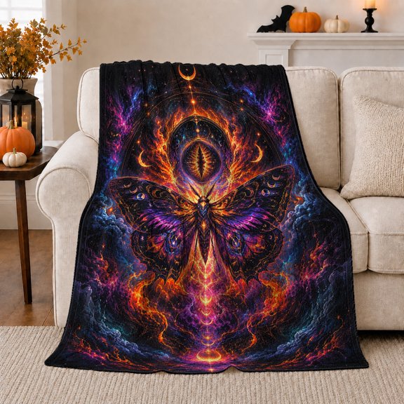 Mystical Celestial Moth Nebula, Mystical Celestial Art Scene, Warm Flannel Blanket for Home Library and Reading Nook, Celestial Art Lovers Valentine's Day Gift, Fantasy Home Decor
