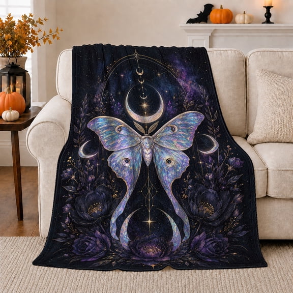 Mystical Celestial Moth Wings Crescent, Mystical Celestial Art Scene, Warm Flannel Blanket for Sunroom and Reading Nook, Celestial Art Lovers Housewarming Gift, Fantasy Home Decor