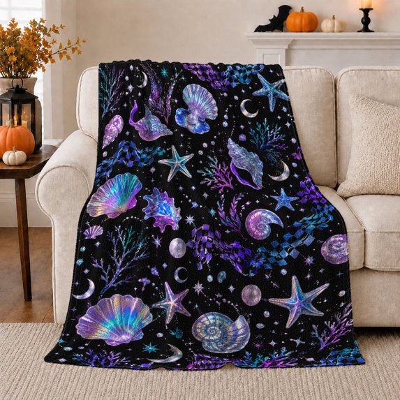 Mystical Celestial Seashells Moons Pearls Cosmic Ocean, Festive Holiday Scene, Warm Flannel Blanket for Living Room and Reading Nook, Art Lovers Friendship Gift, Festive Home Decor