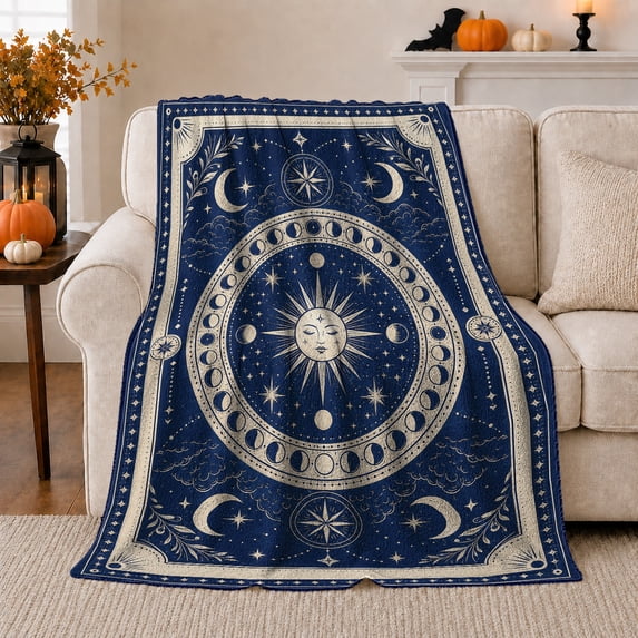 Mystical Celestial Sun Moon Astrological, Mystical Celestial Art Scene, Warm Flannel Blanket for Home Library and Reading Nook, Celestial Art Lovers Housewarming Gift, Celestial Home Decor