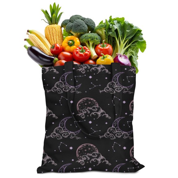 Mystical Celestial Sun and Moon Canvas Tote Bag – Boho Astrology Print with Starry Night & Moon Phases – Vintage Gothic Cosmic Shoulder Bag for Women