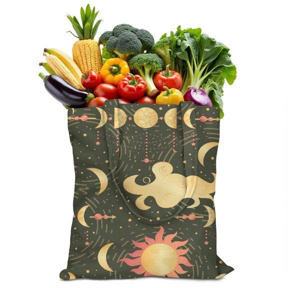 Mystical Celestial Sun and Moon Canvas Tote Bag – Boho Astrology Print with Starry Night & Moon Phases – Vintage Gothic Cosmic Shoulder Bag for Women