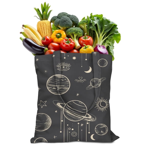 Mystical Celestial Sun and Moon Canvas Tote Bag – Boho Astrology Print with Starry Night & Moon Phases – Vintage Gothic Cosmic Shoulder Bag for Women