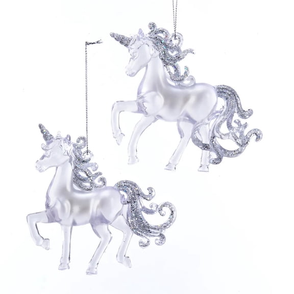 KSA Pack of 24 Clear and Silver Two Glittered Unicorn Christmas Ornaments 4"