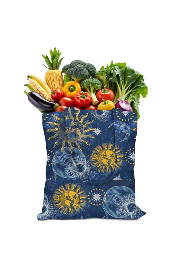 Mystical Cosmic Canvas Tote Bag with Lunar Eclipse Print, Durable Eco-Friendly Reusable Shopping Tote for Women, Lightweight Foldable Handbag for Commuting