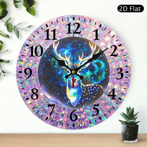 Mystical Cosmic Deer Wall Clock with Iridescent Antlers and Nebula Art, 10x10 Inch Round Decorative Clock for Home Decor, 1pc, Battery Not Included