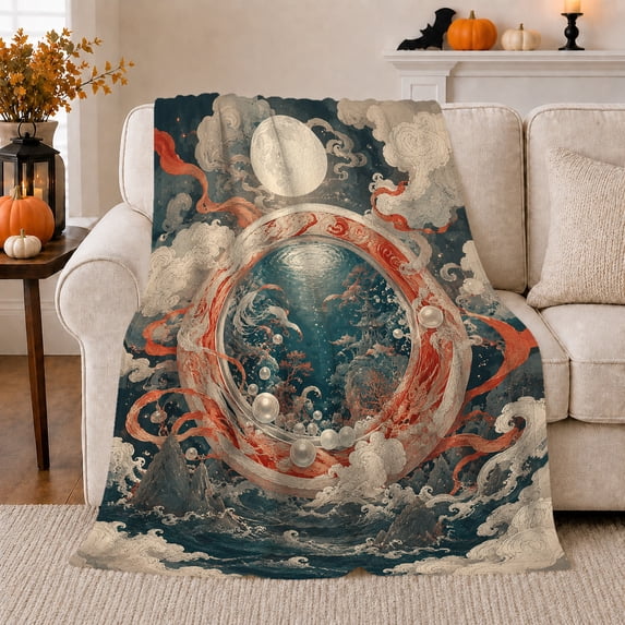 Mystical Crane Portal Fantasy Art Dreamlike, Mystical Celestial Art Scene, Warm Flannel Blanket for Cabin and Lodge, Bird Lovers Housewarming Gift, Celestial Home Decor