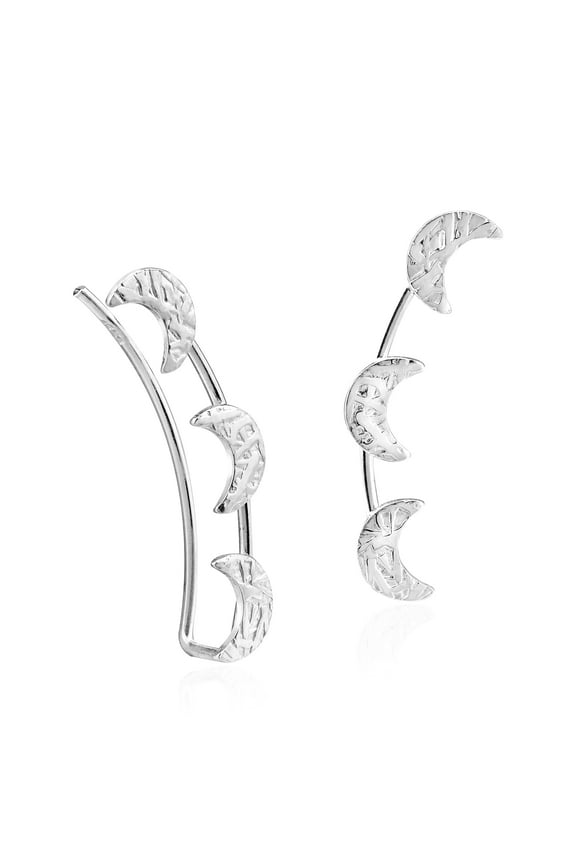 Mystical Crescent Moon Trio Sterling Silver Crawler Earrings