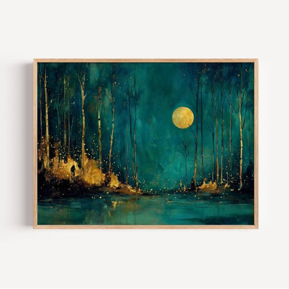 Mystical Dark Forest And Golden Moon Wall Art, Moody Teal Night Sky Woodland, Study Room And Office Decor