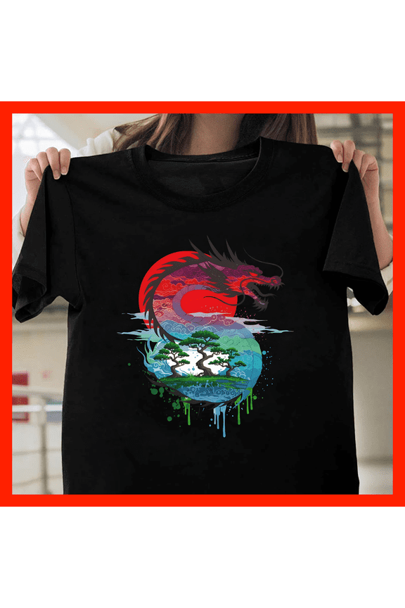 Mystical Dragon Bonsai Zen Sun Japanese Art Graphic T-Shirt G073, Premium Unisex Tee – Extended Sizes Up to 5XL