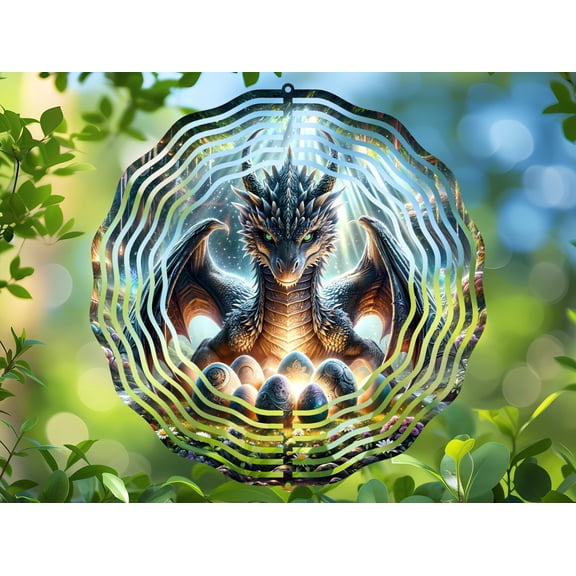 Mystical Dragon Enchanted Forest 3D Wind Spinner, Kinetic Stainless Steel Hanging Yard Art for Outdoor Decor