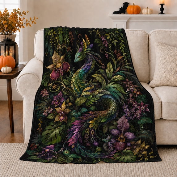 Mystical Dragon Enchanted Jungle, Mystical Coastal Landscape Scene, Warm Flannel Blanket for Beach House and Living Room, Beach Lovers Housewarming Gift, Coastal Home Decor