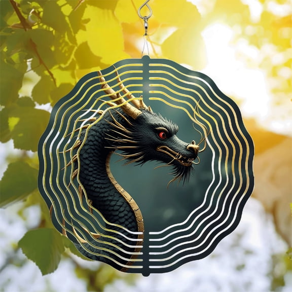 Mystical Dragon Metal Wind Spinner - Black Scales Golden Horns Red Eyes - Enchanting Yard & Garden Decor Unique Wind Chime Design