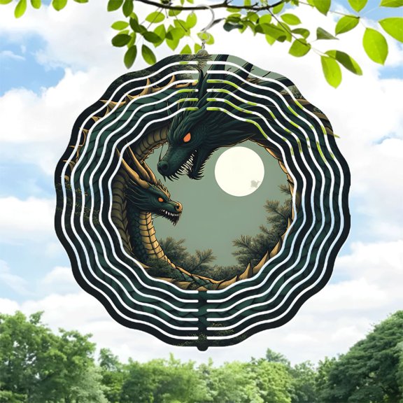 Mystical Dragon Metal Wind Spinner - Concentric Tunnel Design with Glowing Eyes - Perfect for Yard & Garden Decor