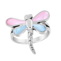 Mystical Dragonfly Blue-Pink Mother of Pearl Wings .925 Sterling Silver Ring-6