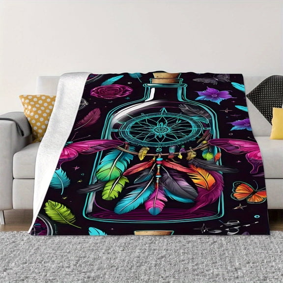 Mystical Dreamcatcher Flannel Throw Blanket Vivid Feather & Floral Digital Print Soft Warm Fabric for Sofa Bed Travel Camping Living Office Versatile All-season Knit