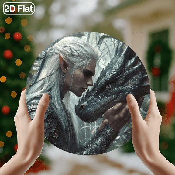 Mystical Elf & Dragon Fantasy Forest Bond Decor Sign, 1pc, 8" Round Aluminum Wall Art Metal Signs, Wall Decor For Kitchen, Door, Office, Bedroom Decor, Best Gift For Room, Home Decor, 2D Flat