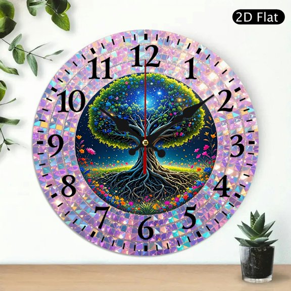 Mystical Enchanted Tree Wall Clock, Magical Forest Floral Design Round Clock, 10x10 Inch Decorative Timepiece for Home Decor, 1pc, Battery Not Included