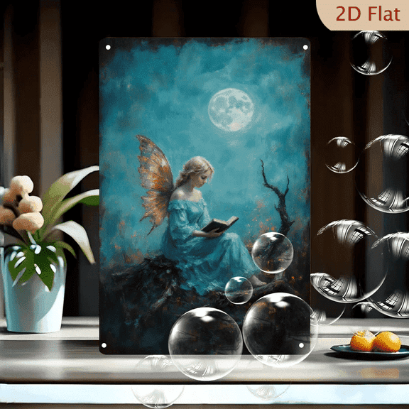 Mystical Fairy Reading by Moonlight, 8x12 inch Teal Indigo Fantasy Wall Art, Ethereal Gown with Amber Wings, Serene Night Sky Metal Print for Living Room Decor
