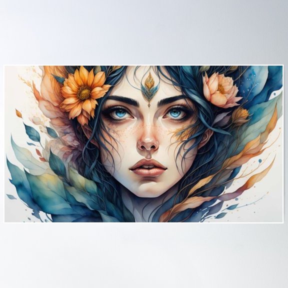 Mystical Fairy Woman With Botanical Elements Poster Wall Art, Modern Wall Decor For Living Room Bedroom, 12x18 UNFRAMED