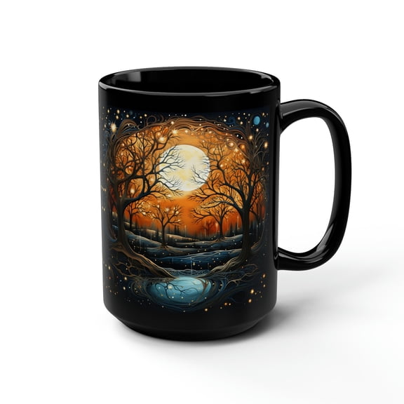 Mystical Fall Moon Mug Autumn Night Cup Black Ceramic Tea Mug Dark Aesthetic Enchanted Decor With Fairy Lights