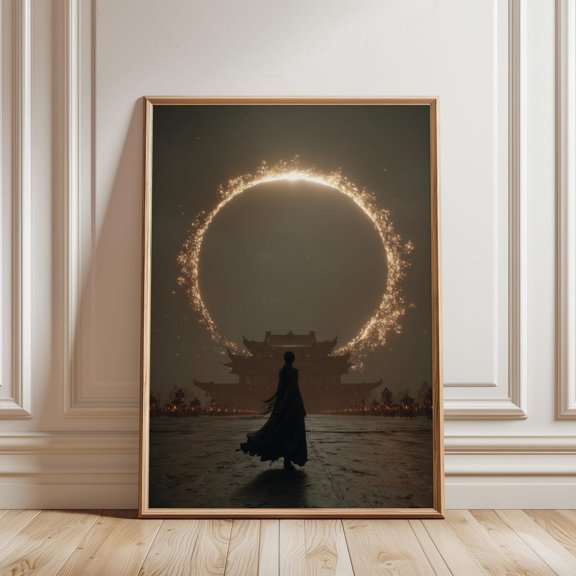 Mystical Fantasy Art Print Lone Figure Celestial Ring Ancient Temple Golden Eclipse Sky, Unframed Paper Print