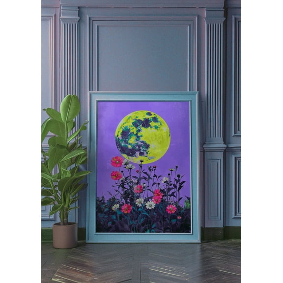 Mystical Floral Moon Retro Celestial Art, Unframed Paper Poster 8x10in