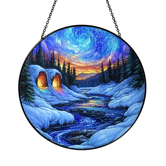 Mystical Forest Cave River Glass Suncatcher, Stained Glass Window Hanging, Gift for Explorer