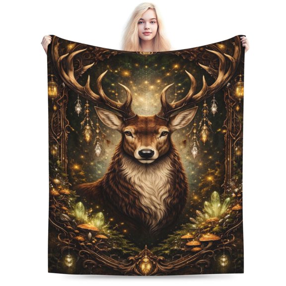 Mystical Forest Deer Blanket Christmas Woodland Stag Throw Blanket Soft Cozy Flannel Animal Blanket Winter Nature Home Decor Gift 50x40