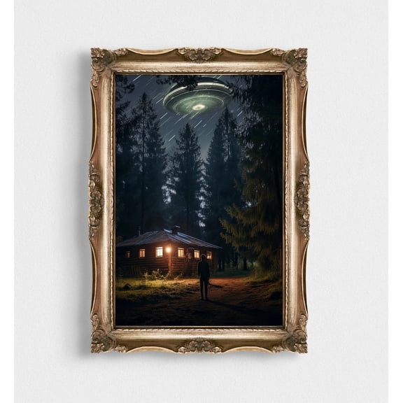 Mystical Forest Flying Ufo, Moody Space, Wall Art, Art Poster, Vintage Flower Decor Poster, 12x18 UNFRAMED