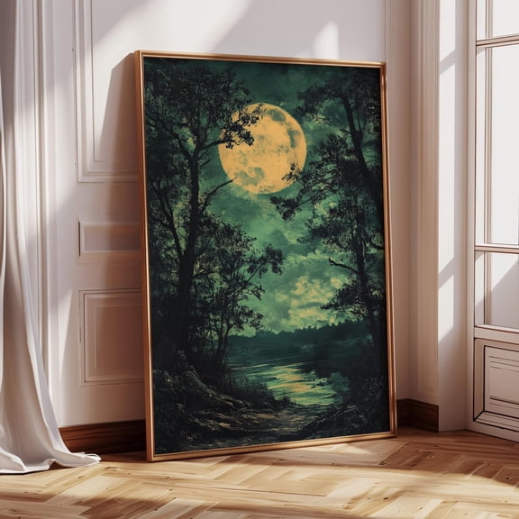 Mystical Forest Moonrise Landscape – Full Moon Over River Wall Art In Dark Green And Gold Nighttime Tones Wall Art, Modern Wall Decor, 8x12 UNFRAMED