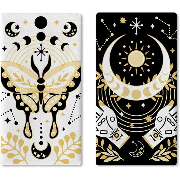 Mystical Forest Mushroom Moon Kitchen Dish Towels Set of 2, Live Simply Fairytale Dark Cottagecore Drying Hand Towel Baking Cooking Cloth, Witchy Boho Nature Gothic Home Decor 16 x 24 Inches