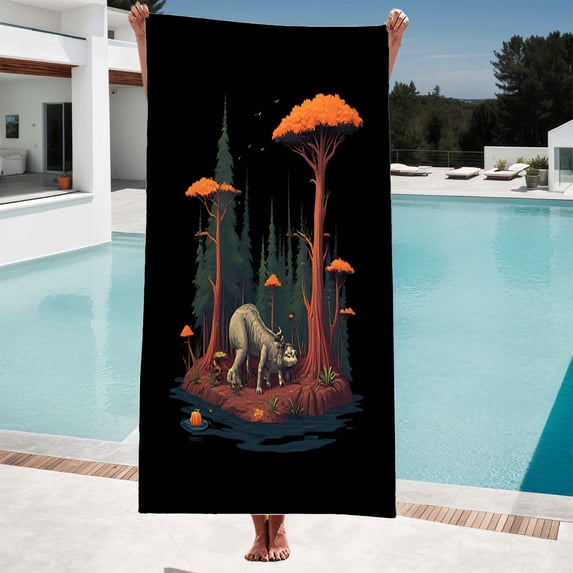 Mystical Forest Pattern Beach Towel - Vibrant Orange Foliage & Creature Design - Perfect for Pool Travel & Bath