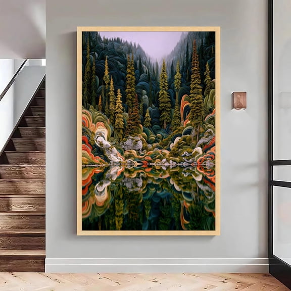 Mystical Forest Reflection, Abstract Pine Trees Landscape, Colorful - Large, Oversized Poster, Poster Only