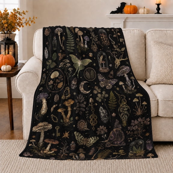 Mystical Forest Specimens Moths Mushrooms Black Dark Vintage, Mystical Woodland Scene, Warm Flannel Blanket for Cabin and Lodge, Garden Lovers Thanksgiving Gift, Botanical Home Decor