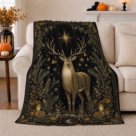 Mystical Forest Stag Glowing Star Lanterns, Festive Holiday Scene, Warm Flannel Blanket for Cabin and Lodge with Detailed Artwork, Art Lovers Housewarming Gift, Festive Home Decor