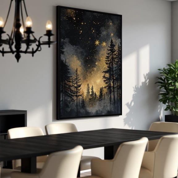Mystical Forest Under Starry Sky - Cosmic Night With Trees - , Forest Landscape, Night Sky Art, Ready To Hang Unframed Paper Print