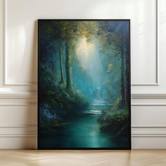 Mystical Forest Waterfall Wall Art Enchanted Woodland Landscape Print Emerald River Magical Decor Dreamy Forest Gift