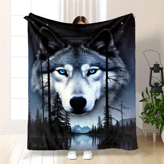 Mystical Forest Wolf Print Flannel Throw Blanket | Lightweight, Hypoallergenic & Durable Quilted, Polyester, 280gsm, Suitable for All Seasons, Contemporary Style