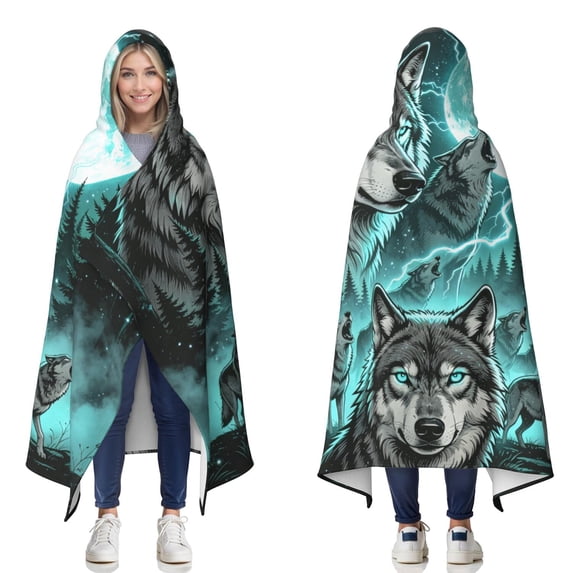 Mystical Forest Wolf Wearable Blanket Hoodies for Women Men Adults Soft Warm Full Moon Howling Wolves Hooded Blankets for Sofa Bed Decor Halloween 50x60 Inch