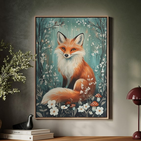 Mystical Fox Art Print – Enchanted Forest Animal Wall Decor With Mushrooms And Flowers, Rustic Woodland Nature Aesthetic Wall Art, Modern Wall Decor, 8x12 UNFRAMED