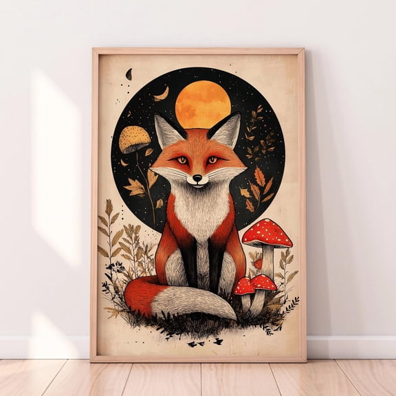Mystical Fox And Moon Art – Enchanted Woodland Illustration – Vintage Folk Aesthetic – Cottagecore Wall Decor – Wall Art, Modern Wall Decor, 8x12 UNFRAMED