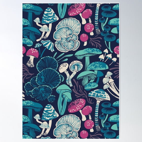 Mystical Fungi // Midnight Blue Background Mint Teal And Dark Pink Wild Mushrooms Poster Wall Art, Modern Wall Decor For Living Room Bedroom, 8x12 UNFRAMED